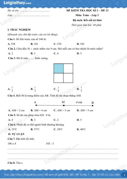 Đề kiểm tra học kì 1 Toán 3 Kết nối tri thức - Đề số 13